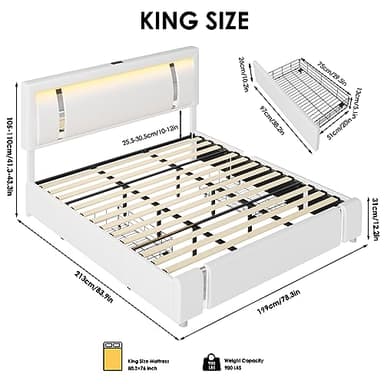 Keyluv King Size Bed Frame with RGB LED Lights & 2 Storage Drawers, Modern Upholstered Platform Bed with Iron Metal Decor, USB Charging Ports, White - Image 2