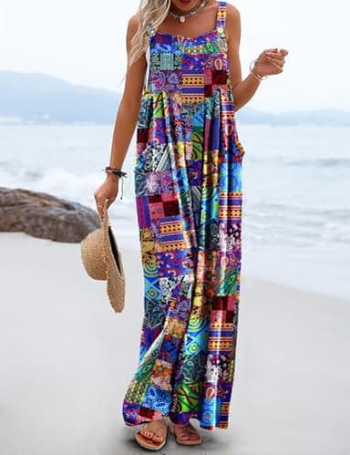 YESNO Women's Summer Casual Overalls Loose Wide Leg Jumpsuits Boho Floral Printed Baggy Rompers with Pockets M PZH P002B - Image 2