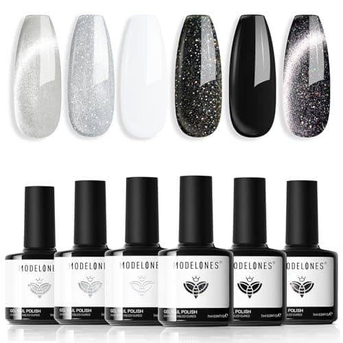 modelones Gel Nail Polish Set, 6 Colors Cat Eye Black White Gray Silver Glitter Shimmer Gel Polish Kit with Magnet Sparkle Galaxy Series Soak Off Nail Art Manicure Home Gift for Women Girl - Image 1