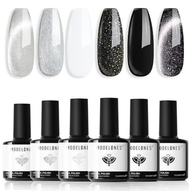 modelones Gel Nail Polish Set, 6 Colors Cat Eye Black White Gray Silver Glitter Shimmer Gel Polish Kit with Magnet Sparkle Galaxy Series Soak Off Nail Art Manicure Home Gift for Women Girl - Image 1
