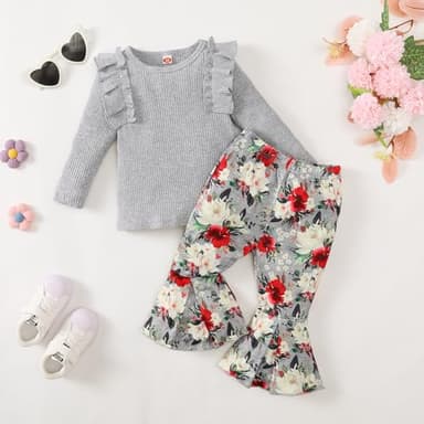 Kislio Toddler Baby Girl Clothes Long Sleeve Ruffle Ribbed Solid Tops Flare Pants Bell Bottoms Fall Winter Outfit Set - Image 2