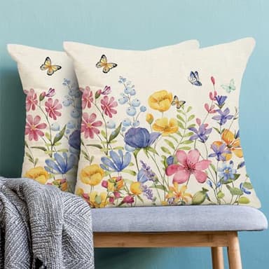 OFIRD Spring Pillow Covers 20x20 Pack of 2 Colorful Floral Butterfly Throw Pillow Covers,Spring Summer Floral Pillowcase Rustic Farmhouse Decorative Linen Cushion Case for Home Sofa Indoor,Outdoor - Image 5