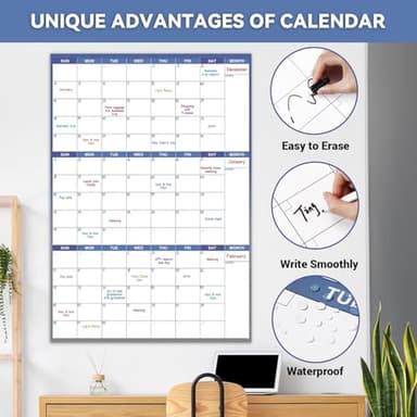 Large Dry Erase Calendar for Wall - Undated Wall Calendar Dry Erase, 28" x 40" (Vertical), Erasable & Reusable Wall Calendar 3 Month with Round Stickers and Markers for Home, Office, Classroom and Gym Use, Blue - Image 2