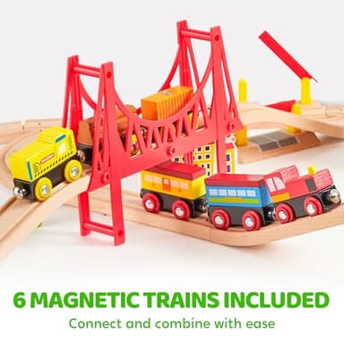 110PCS Wooden Train Set - Urban Journey, City Scene Railway Set with Magnetic Trains, Cars, Helicopter & Ship, Perfect Christmas Birthday Toy Gift for Kids Toddlers Boys Girls Ages 3-8 - Image 3