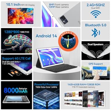 2025 Android 14 Tablet 10 inch,4G Cellular Tablets with 2 SIM 1 SD Slot,5G WiFi Android Tablet 128GB ROM +14GB RAM(1TBTF),3-in-1 tablte with Keyboard-8000mAh,Octa-core,1080FHD,13MP+8MP,GPS-Silvery - Image 2