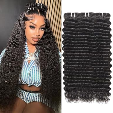 Great Grace 12A Deep Wave Human Hair Bundles 20 22 24 Inch Curly Bundles Human Hair 100% Unprocessed 3 Bundle Brazilian Virgin Human Hair Extensions Quick Weave Natural Black Color - Image 1