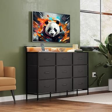 WLIVE Black TV Stand for 45, 50, 55 inch TV, Entertainment Center with LED Lights & Charging Station, TV Media Console Table with 9 Fabric Drawers and Open Shelves for Living Room, Hallway, Wood Top - Image 2