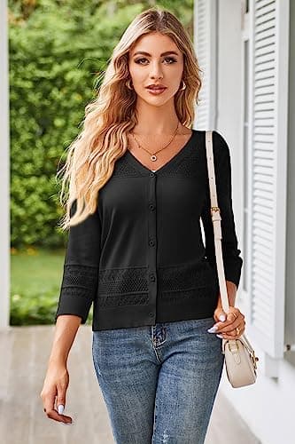 GRACE KARIN Women's Cropped Cardigan 3/4 Sleeve Lightweight Crochet Shrug Hollowed-Out Knit Sweater Tops Black L - Image 2