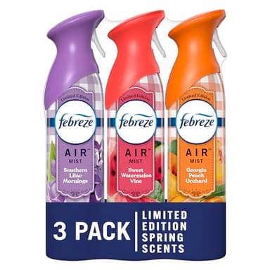 Febreze Air Mist Air Freshener Spray, Odor-Fighting Room Spray for Home, Bathroom and Kitchen, Aerosol Can, Southern Lilac Mornings, Georgia Peach Orchard, Sweet Watermelon Vine Scent, 8.8oz, 3 Count - Image 1