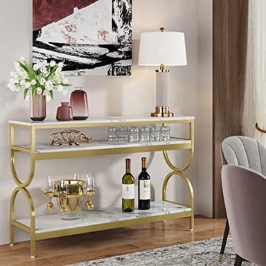 Tribesigns 3-Tier Console Table, 55 inch Sofa Table with Open Storage Shelves, Narrow Long Hallway/Entryway Table with Faux Marble Top for Home Living Room Entryway, White & Gold - Image 5