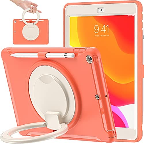 BATYUE for iPad 9th/ 8th/ 7th Generation Case (iPad 10.2 Case 2021/2020/2019) with Screen Protector,Rugged Case with Rotating Stand/Pencil Holder/Pencil Cap Holder (Coral Orange) - Image 1