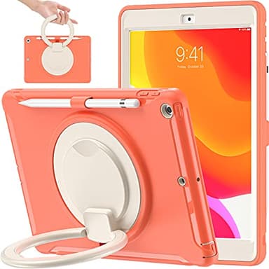 BATYUE for iPad 9th/ 8th/ 7th Generation Case (iPad 10.2 Case 2021/2020/2019) with Screen Protector,Rugged Case with Rotating Stand/Pencil Holder/Pencil Cap Holder (Coral Orange) - Image 1