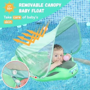 GENTEACO Mambobaby Baby Pool Float with Removable Canopy 3-24 Months Baby Float Non-Inflatable Infant Swim Float Add Tail Avoid Flip Skin-Friendly Material Swim Trainer for Toddler Boys Girls (Green) - Image 3