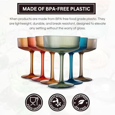 Shatterproof Acrylic Ribbed Vintage Art Deco Martini, Champagne & Cocktail Muted Color Plastic Tritan Coupe Glasses | Set of 6 | 8 oz Ripple Glassware Classic Cocktail Indoor & Outdoor, European Style - Image 3