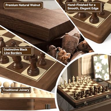 Premium Natural Walnut 15" Magnetic Wooden Folding Chess & Checkers Set- 2 in 1 Board Game with 3" King Staunton Pieces and 2 Extra Queens, Checkers, and Dust-Proof Storage Bag (Black) - Image 5