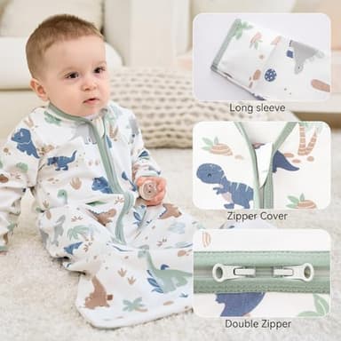 FIEMOL Baby Sleep Sack 12-18 Months, Long Sleeve Baby Wearable Blanket 0.5 Tog with Mittens, 2-Way Zipper Toddler Cotton Sleeping Sack for Boy and Girl Green Dinosaur 2 Pack(Large) - Image 3