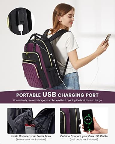 LOVEVOOK Laptop Backpack Purse for Women, 15.6" Laptop Bag for Travel with USB Port, Water Resistant Lightweight Daypacks for College Work Business, Nurse Teacher Computer Bags, Purple Black - Image 6