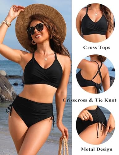 Blooming Jelly Womens High Waisted Bikini Sets Ruched Tummy Control Bathing Suit 2 Piece Swim Suit (Medium, Black) - Image 5