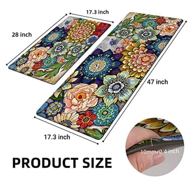 Tubeamin Boho Floral Kitchen Rugs Mats for Floor 2 Piece Memory Foam Padded Kitchen Mats Anti Fatigue Non Slip Cushioned Comfort Standing Mat, 17.3x28+17.3x47 Inch - Image 2