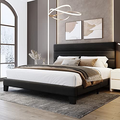 WEEWAY King Bed Frame Platform Bed with Velvet Upholstered Headboard and Wooden Slats Support, Heavy Duty Mattress Foundation, No Box Spring Needed, Easy Assembly, Black - Image 1