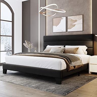 WEEWAY King Bed Frame Platform Bed with Velvet Upholstered Headboard and Wooden Slats Support, Heavy Duty Mattress Foundation, No Box Spring Needed, Easy Assembly, Black - Image 1