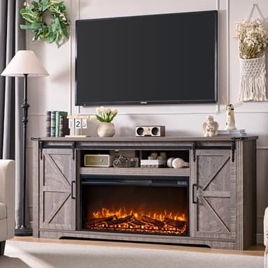 JXQTLINGMU Fireplace TV Stand for 80 Inch TV, Farmhouse Entertainment Center with 36" Fireplace, Modern Media Console with Sliding Barn Door & Storage Drawers for Living Room, Grey - Image 1