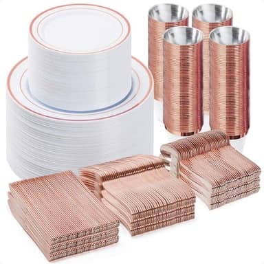 BESTVIP 600PCS Plastic Dinnerware Set (100 Guests), Rose Gold Disposable Plates for Party, Wedding, Christmas, Anniversary, Includes: Dinner Plates, Dessert Plates, Cups, Spoons, Forks and Knives - Image 1