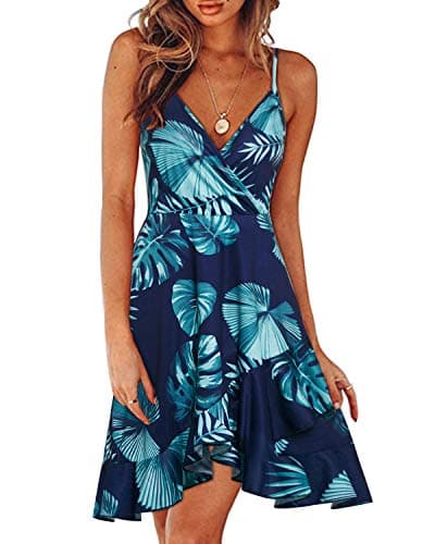 ULTRANICE Womens Summer Dresses 2025 Sundresses Casual Spring Trendy Flowy Wrap Midi Beach Wedding Guest Vacation Outfits Clothes V Neck Spaghetti Strap Dress(Blue Blue Green Floral,S) - Image 1