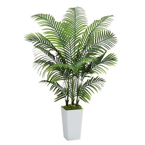 Artificial Palm Tree Artificial Silk Plant Fake Tree with White Tall Planter Faux Tropical Areca Floor Plant in Pot (1, White Tall Planter, 5 FT) - Image 1