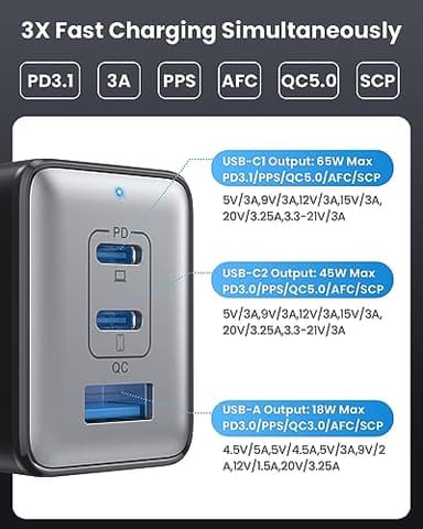 128W USB C Wall Charger,GaN III 3-Port Fast Charging Station,PD QC Foldable Charger Block Portable 65W Laptop Adapter for MacBook Pro/Air,iPad Pro,Galaxy S23,Dell XPS 13,iPhone 16/15/Pro etc - Image 6