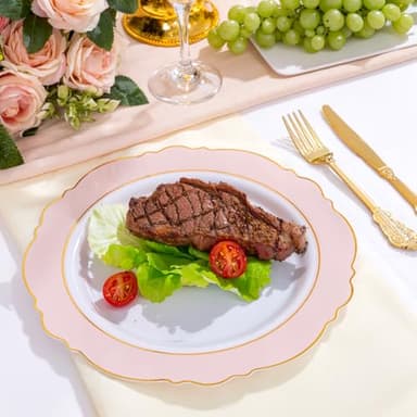 WDF 60pcs Pink Plastic Plates - 10.25inch Baroque Pink And Gold Disposable Dinner Plates for Upscale Parties -Special for Wedding, Party,Birthdays, Baby Shower - Image 2