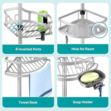 HAMITOR Corner Shower Caddy Tension Pole: Rustproof 4-Tier Bathroom Organizer Shelves for Bathtub Shampoo Storage - 47-121 Inch Quick Install Adjustable Rod Standing Rack with Soap Rack - Silver Gray - Image 6