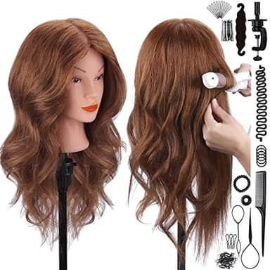 Mannequin Head with 100% Human Hair, SZCY LLC 18" Dark Brown Real Hair Cosmetology Mannequin Head Hair Styling Hairdressing Practice Training Doll Heads with Clamp Holder and Tools - Image 1