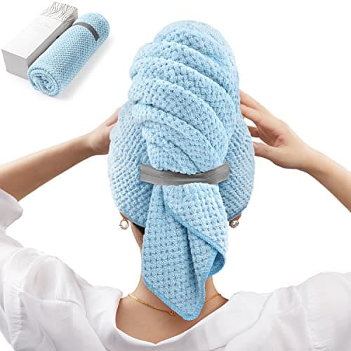 YFONG Large Hair Towel Wrap for Women, Soft Microfiber Hair Towel for Curly Hair, Fast Drying Hair Turbans with Elastic,Hair Drying Towel Wrap for Hair Care Anti Frizz 26.3" X 40" (Blue) - Image 1