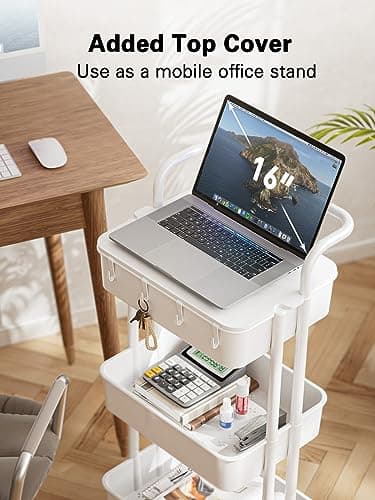 Pipishell 3 Tier Rolling Cart with Table Top, Utility Cart with Wheels & 4 Hooks, Rolling Storage Cart for Home Storage and Organization, White, PIUC09W - Image 4