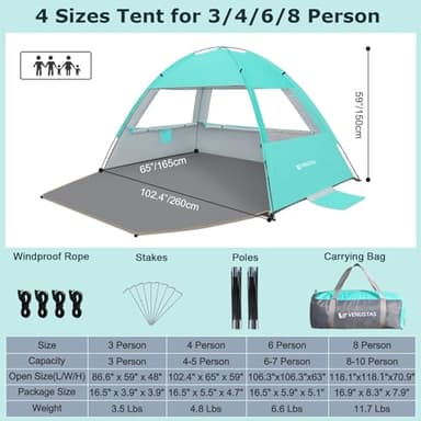 Venustas Beach Tent Sun Shelter for 3/4-5/6-7/8-10 Person, UPF 50+ UV Protection Beach Canopy, Lightweight and Easy Setup Cabana, Portable Beach Shade Tent - Image 2