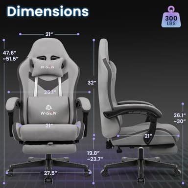 N-GEN GAMING Video Gaming Chair Office Computer Desk Use Ergonomic Reclining Backrest Adjustable Armrests Lumbar Support Footrest High Density Foam Breathable Fabric Heavy Duty Base (Grey) - Image 3