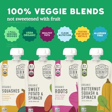 Serenity Kids 6+ Months Veggie Puree Organic Baby Food Pouches - No Added Sugar, Allergen-Free & BPA-Free Baby Snacks - 3.5 Oz, 8 Pack - Image 3