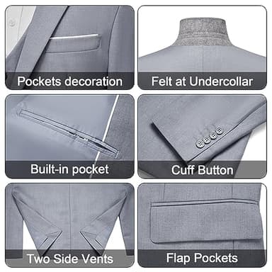 MAGE MALE Men's 3 Pieces Suit Elegant Solid One Button Slim Fit Single Breasted Party Blazer Vest Pants Set Light Grey - Image 4