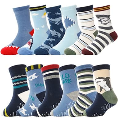 ANTSANG Baby Boys Grips Socks Kids Toddlers Infants Non Slip/Anti Skid Crew Cotton Socks 12 Pairs (Boy's-Shark(12 Pairs),3-5 Y) - Image 1
