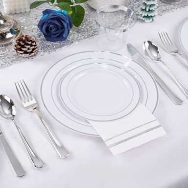 GATHER 700PCS Silver Plastic Plates - Silver Plate Set 100Guest - Disposable Dinnerware Sets 100Silver Rim Dinner Plates 100Silver Dessert Plate 100Paper Napkins&Cups&silver Plastic Silverware Set - Image 3