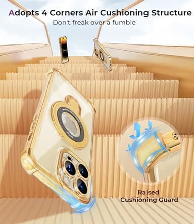 CHICLADY for iPhone 15 Pro Case with Integrated Lens Protection, [Foldable Stand & Ring Holder] [Compatible with Magsafe], Glossy Shockproof Bumper Stylish Women Case for iPhone 15 Pro, Gold - Image 7