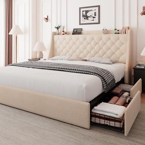 Feonase King Size Bed Frame with 4 Storage Drawers, Upholstered Storage Bed with Charging Station, Tufted Wingback Headboard, No Box Spring Needed, Beige - Image 1