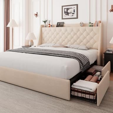Feonase King Size Bed Frame with 4 Storage Drawers, Upholstered Storage Bed with Charging Station, Tufted Wingback Headboard, No Box Spring Needed, Beige - Image 1