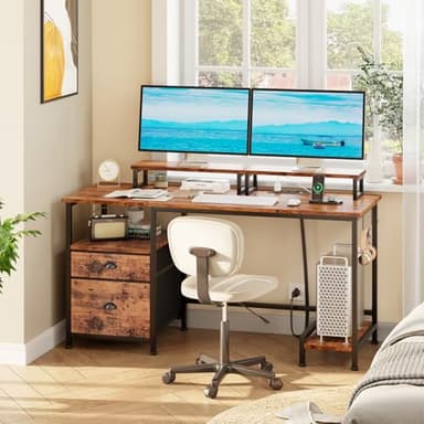 Furologee 47" Computer Desk with File Cabinet and Power Outlets, Home Office Desk with 2 Monitor Stands and Storage Drawer, Writing Gaming Table with Shelves and 2 Hooks for Bedroom, Rustic Brown - Image 2