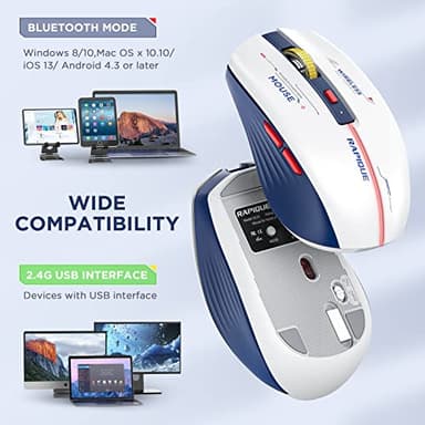 RAPIQUE Bluetooth Wireless Mouse - (BT1/BT2+USB) Tri-Mode High Performance, Rechargeable, Multi-Device Compatible with PC/Laptop/Computer/MacBook/iPad Air Pro (Blue and White) - Image 6