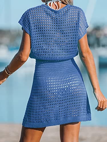 CUPSHE Women Crochet Swim Cover Up Short Sleeve V Neck Bathing Suit Beach Dress Summer Swimwear Coverups Blue, M - Image 3
