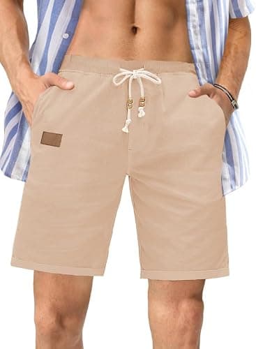 JMIERR Men's Casual Cotton Linen Shorts - Drawstring Summer Beach Stretch Golf Dress Short 7 inch Polo Shorts with Pockets for Men, 2XL, Khaki - Image 1