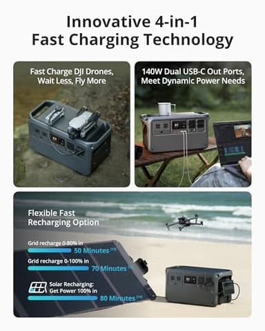 DJI Power 1000 Portable Power Station, 1024Wh LiFePO4 Battery, 2200W (Peak 2600W) AC/140W USB-C Output, 23db Ultra-Silent, Solar Generator For Home Backup, Camping(Solar Panel Optional) - Image 5