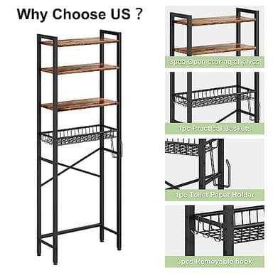 Kalrin Over-The-Toilet Storage Rack, 4-Tier Bathroom Organizer Shelf Over Toilet with Adjustable Shelf and Basket, Freestanding Space Saver Bathroom Shelves Above Toilet for Room (Vintage Brown) - Image 7